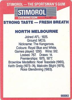 1990 AFL Scanlens Stimorol #97 North Melbourne Kangaroos Back